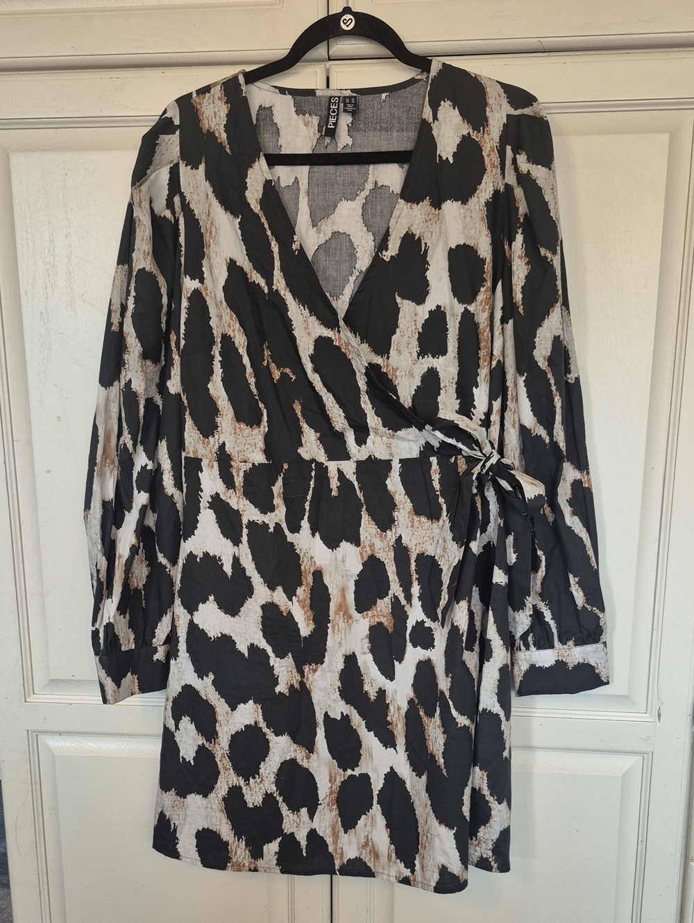 Pieces Black & Cream Leopard Print Faux Wrap Dress 100% Cotton